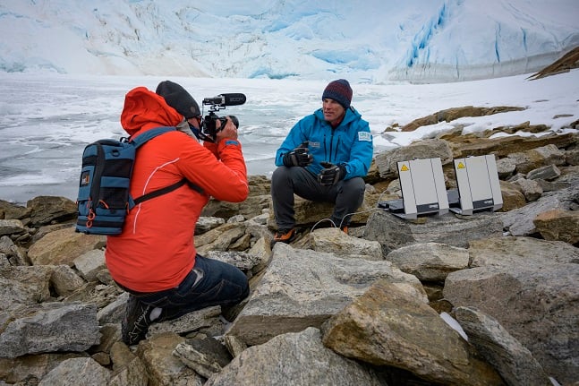 Lewis Pugh broadcasting via Inmarsat BGAN from Antarctica.