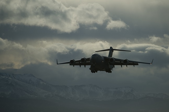 A U.S. Air Force C-17 Globemaster III aircraft prepares to land during exercise RED FLAG-Alaska at Joint Base Elmendorf-Richardson, Alaska, Oct. 18, 2016. RF-A is a series of Pacific Air Forces commander-directed field training exercises for U.S. and partner nation forces, providing combined offensive counter-air, interdiction, close air support, and large force employment training in a simulated combat environment. (U.S. Air Force photo by Master Sgt. Joseph Swafford)